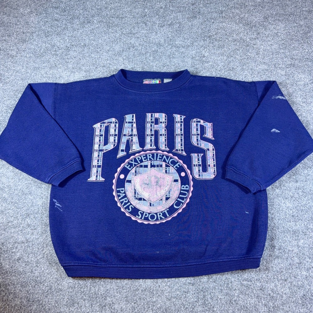 Vintage Paris Sport Club Navy Graphic Crewneck Sweatshirt Large Distressed Paint
